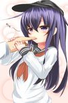  akatsuki_(kantai_collection) blood blush finger_sucking hat injury kantai_collection long_hair long_sleeves purple_eyes purple_hair solo_focus sucking sweatdrop tenken_(gotannda) translated 