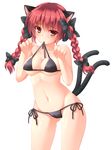  animal_ears bikini bikini_in_mouth black_bikini black_ribbon blush braid breasts cameltoe cat_ears cat_tail cleavage clenched_hands kaenbyou_rin long_hair looking_at_viewer lowleg lowleg_bikini medium_breasts miko_92 mouth_hold red_eyes red_hair ribbon shiny shiny_skin side-tie_bikini simple_background solo swimsuit tail touhou twin_braids 