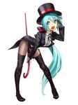  alternate_hairstyle aqua_eyes aqua_hair bad_id bad_pixiv_id bent_over black_hat black_jacket black_ribbon boots brooch cane center_frills collared_shirt fishnet_pantyhose fishnets gloves hat hatsune_miku headphones holding jacket jewelry long_hair long_sleeves low_ponytail magician magician_(module) miracle_paint_(vocaloid) nakasaki_hydra open_mouth pantyhose ponytail project_diva project_diva_(series) ribbon shirt simple_background solo tailcoat thigh_boots thighhighs top_hat very_long_hair vocaloid white_background white_gloves white_shirt 