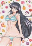  1girl bishoujo_senshi_sailor_moon black_hair bra breasts female floral_background flower highres hino_rei long_hair navel open_mouth panties panty_pull rascal_(n119) sailor_mars smile solo striped striped_bra striped_panties underwear 