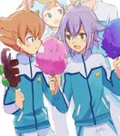  barufoa blush dutch_angle earth_eleven eating food glasses inazuma_eleven_(series) inazuma_eleven_go inazuma_eleven_go_galaxy jacket lightning_bolt manabe_jin'ichirou minaho_kazuto multiple_boys open_mouth orange_hair purple_hair simple_background sketch track_jacket white_background 