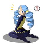  1girl ace_trainer_(pokemon) ass blue_eyes blue_hair blue_legwear blush drill_hair hair_bobbles hair_ornament long_hair looking_back no_shoes panties panties_under_pantyhose pantyhose pokemon pokemon_(game) pokemon_bw sitting skirt solo spoken_exclamation_mark striped striped_panties twin_drills twintails underwear wariza yamii_(yame83) 