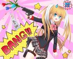  blonde_hair blue_eyes bow flower gun highres little_busters! long_hair miyoshi_yun pink_bow rose school_uniform solo thigh_strap tokido_saya twintails very_long_hair weapon 