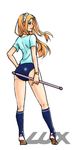  alternate_costume ass bad_id bad_pixiv_id blonde_hair blue_eyes buruma from_behind hairband kneehighs league_of_legends long_hair looking_back luxanna_crownguard shirt solo ssalsin t-shirt tiptoes wand 