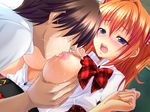  1boy 1girl akagi_rio blue_eyes blush breast_grab breast_sucking breasts game_cg grabbing lactation nipples oh!_stealth_shinshi open_clothes open_shirt orange_hair school_uniform shirt tanaka_yui tears 