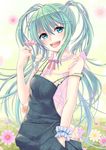  absurdres aqua_eyes flower green_hair hand_in_pocket hatsune_miku highres long_hair looking_at_viewer nail_polish solo strap_slip suspenders twintails vocaloid yami_(m31) 