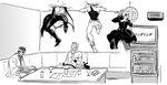  cup desk drinking_glass funaki_kazuo glass greyscale iggy_(jojo) jean_pierre_polnareff jojo_no_kimyou_na_bouken joseph_joestar jumping kakyouin_noriaki karaoke kuujou_joutarou mohammed_avdol monochrome multiple_boys wine_glass 