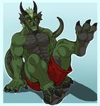  abs anthro arody biceps big_muscles black_horns claws clothing dragon fangs foot_focus green_dragon green_hair green_skin grey_skin grin hair horn legs_up looking_at_viewer male muscles mutant_serpentina orange_eyes pawpads paws pecs plain_background pose presenting raised_leg scales shorts sitting smile solo teeth tharis toe_claws toes toned topless 