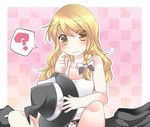  ? animal_print black_panties blonde_hair braid cat_panties cat_print checkered checkered_background clothes_removed commentary_request front-print_panties hammer_(sunset_beach) hat hat_removed headwear_removed kirisame_marisa looking_at_viewer panties print_panties single_braid solo tank_top touhou underwear yellow_eyes 