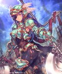  armor ass blush character_request eyepatch helmet long_hair mckeee polearm purple_hair red_eyes shingeki_no_bahamut solo spear weapon 