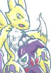  canine claws digimon duo female fingerless_gloves fox gloves grainy_image imp impmon male mammal mane markings oral oral_sex renamon sex straight 