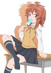  arm_support asahigaoka_school_uniform desk food hair_ribbon highres koshigaya_natsumi no_shoes non_non_biyori on_desk popsicle purple_eyes red_hair ribbon school_desk school_uniform solo sweater_vest tatsuya_(guild_plus) white_ribbon 