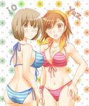  ass bandana bikini blush breasts brown_eyes brown_hair character_name cleavage devil_survivor_2 floral_background hasumi_hiko large_breasts looking_at_viewer looking_back megami_ibunroku_devil_survivor multiple_girls navel nitta_io open_mouth orange_eyes orange_hair short_hair swimsuit tanigawa_yuzu 