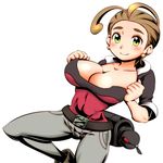  belt boots breasts brown_hair cleavage collarbone earrings green_eyes highres huge_breasts jewelry large_breasts nintendo open_clothes pansy_(pokemon) poke_ball pokemon pokemon_(game) pokemon_xy reporter short_hair smile undressing viola_(pokemon) 
