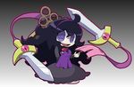  black_hair doublade female gradient_background hair headband hex_maniac human kneeling looking_at_viewer mammal nanax nintendo pok&#233;ball pok&#233;mon pok&eacute;ball pok&eacute;mon purple_eyes smile sword unknown_artist video_games weapon 