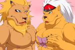  anthro bancholeomon biceps big_muscles black_nose blue_eyes blush brown_fur claws digimon fangs feline fur gay grey_hair hair leomon leoncircle lion male mammal mane muscles nipples open_mouth pec_grasp pecs plain_background pose scar standing tan_fur teeth toned tongue topless 