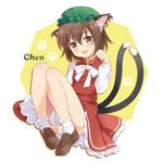  animal_ears bad_id bad_pixiv_id blush bow brown_eyes brown_hair cat_ears cat_tail character_name chen earrings fang hat jewelry long_sleeves looking_at_viewer mob_cap multiple_tails nagijin nekomata open_mouth paw_pose paw_print red_skirt shirt single_earring sitting skirt smile solo tail touhou two_tails 