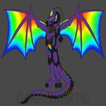 antena anthro claws colorful darachi dragon fins frills grey_background horn male membrane membranous_wings multi_limb multiple_arms multiple_eyes penis pinup plain_background pose purple_body ragnerock rainbow rainbow_membrane scales solo standing toe_claws wings 