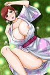  1girl aqid areola_slip areolae breasts brown_eyes brown_hair female grass huge_breasts japanese_clothes kaneda_(aqid) kimono lying no_bra no_panties on_back open_mouth pubic_hair pussy pussy_peek short_hair solo spread_legs super_real_mahjong sweat toyohara_etsuko uncensored yukata 