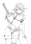  aian bikini bob_cut elf ironkat monochrome panties penis pointy_ears short_hair sketch sword tattoo thighhighs trap 