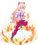  absurdres bad_id bad_pixiv_id boots bow fire fujiwara_no_mokou full_body hair_bow hair_ribbon highres long_hair pants red_eyes ribbon silver_hair simple_background solo suspenders touhou very_long_hair wendell white_background 