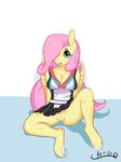  anthro anthrofied blue_eyes bottomless breasts chrnos cleavage clothed clothing dress equine female fluttershy_(mlp) friendship_is_magic fur hair hair_over_eye horse horseshoe looking_at_viewer mammal my_little_pony open_mouth pegasus pink_hair pony pussy skirt solo upskirt wings yellow_fur 