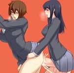  black_hair blush breasts brown_hair clothed_sex cum cum_in_pussy eyes_closed foreskin futa_with_futa futanari huge_penis large_breasts long_hair mafen multiple_girls open_mouth penis school_uniform sex short_hair simple_background skirt smile steam testicles thick_thighs thighs tongue uncensored 