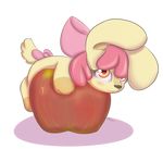  alasou alpha_channel amber_eyes apple apple_bloom_(mlp) bow female feral friendship_is_magic fruit hair lagomorph looking_at_viewer lying mammal my_little_pony pink_hair plain_background rabbit solo transparent_background 