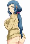  ass blue_hair bottomless breasts gundam gundam_build_fighters highres iori_rinko large_breasts mature ponytail ribbed_sweater solo sweater tof 
