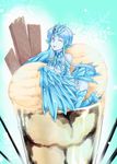  ;p anivia blue_hair blue_skin breasts chocolate feathered_wings feathers food glass harpy highres ice_cream in_food kneeling league_of_legends medium_breasts minigirl monster_girl nam_(valckiry) one_eye_closed parfait personification red_eyes shiny shiny_skin short_hair short_hair_with_long_locks snowflakes talons tongue tongue_out wafer wings 