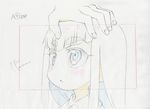  :o artist_request blush color_trace commentary confused highres key_frame kill_la_kill kiryuuin_satsuki long_hair official_art partially_colored petting production_art shirt signature sketch solo trigger_(company) white_background younger 