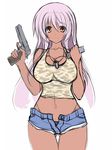  1girl breasts cleavage dark_skin gun jewelry large_breasts long_hair nanakorobi_yaoki original pendant pink_hair smile solo weapon yellow_eyes 