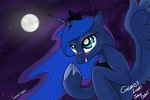  blue_fur blue_hair blush crown equine female feral friendship_is_magic fur hair horn horse long_hair mammal moon my_little_pony night open_mouth outside pony princess_luna_(mlp) royalty sakuracheetah sky smile solo stars text winged_unicorn wings 