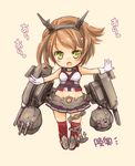  brown_hair chibi green_eyes kantai_collection looking_at_viewer midriff miniskirt mutsu_(kantai_collection) pleated_skirt red_legwear shinonome_moegi short_hair skirt solo thighhighs 