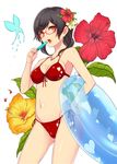  bikini black_hair breasts bug butterfly cleavage cowboy_shot floral_background flower food front-tie_top glasses hair_flower hair_ornament hand_on_hip hibiscus highres horosuke_(toot08) innertube insect jewelry looking_at_viewer medium_breasts navel necklace open_mouth original popsicle print_bikini red-framed_eyewear red_bikini red_eyes semi-rimless_eyewear shiny shiny_skin short_hair side-tie_bikini solo swimsuit tongue tongue_out 