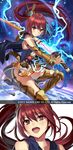 boots galaxy_dungeon highres katana lightning matsui_hiroaki open_mouth ponytail red_eyes red_hair solo sword thigh_boots thighhighs weapon 