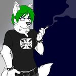  belt canine cigarette eyewear glasses green_hair hair male mammal mander piercing sniff_heinkel solo wolf 