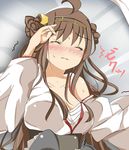  appei_(555) breasts brown_hair cleavage detached_sleeves double_bun kantai_collection kongou_(kantai_collection) large_breasts lying nontraditional_miko on_back on_bed solo 