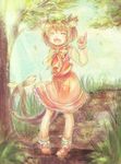  ^_^ animal_ears bow cat_ears cat_tail chen closed_eyes dress earrings fang grass happy hat ibaraki_natou jewelry long_sleeves mob_cap multiple_tails nekomata open_mouth path pose red_dress road shirt single_earring smile solo tail touhou tree two_tails 