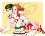  1boy 1girl blush brown_hair dress glomp green_eyes green_hair hairband halo headband hug hug_from_behind jojo_no_kimyou_na_bouken kishibe_rohan midriff neko_kuriya one_eye_closed sandals short_hair sugimoto_reimi wings 