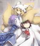  :3 animal_ears blonde_hair blush brown_hair cat_ears cat_tail chen chibi fox_tail hands_in_opposite_sleeves hat long_sleeves multiple_girls multiple_tails nekoguruma o_o short_hair smile tail touhou yakumo_ran yellow_eyes 