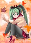  art_is_de4d autumn green_eyes green_hair hatsune_miku headphones leaf long_hair looking_at_viewer panties panties_under_pantyhose pantyhose plaid plaid_scarf plaid_skirt red_scarf scarf sitting skirt solo sweater twintails underwear vocaloid 