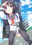  akatsuki_(kantai_collection) black_hair black_legwear blue_sky cloud crab day flat_cap hand_on_forehead hat kantai_collection long_hair mountain open_mouth purple_eyes school_uniform sekine_irie serafuku sitting skirt sky smile solo thighhighs water 