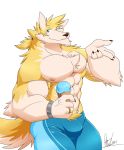  anthro armpit_hair bulge canine clothed clothing daikitei dessert food ice_cream looking_at_viewer male mammal muscular muscular_male smile solo standing topless 