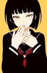  black_hair bob_cut brown_eyes covering_mouth hand_over_own_mouth hands haruhito_(divineshalt) looking_at_viewer original school_uniform serafuku short_hair simple_background smile solo 