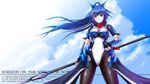  1girl armor ascii_media_works black_legwear blue_hair bodysuit cloud female fingerless_gloves gatakk gloves honda_futayo kyoukaisenjou_no_horizon polearm purple_eyes sky solo spear weapon 