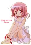  absurdres bare_shoulders barefoot blush choker dress full_body hair_down highres kaname_madoka looking_at_viewer mahou_shoujo_madoka_magica pink_eyes pink_hair ribbon_choker short_hair simple_background solo tsubaki_(tatajd) white_background white_dress 