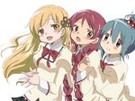  :d :o alternate_hairstyle blonde_hair blue_eyes blue_hair blush bow bowtie braid hair_bobbles hair_bun hair_ornament hairpin hands_clasped long_hair long_sleeves looking_at_viewer mahou_shoujo_madoka_magica miki_sayaka multiple_girls open_mouth own_hands_together red_bow red_eyes red_hair red_neckwear rino-ichigo sakura_kyouko school_uniform short_hair simple_background smile sweater tomoe_mami twin_braids upper_body white_background yellow_eyes 