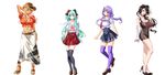  aqua_hair arm_up arm_warmers ascot bare_legs belt black_hair black_legwear blue_eyes bow breasts brown_eyes cleavage cowboy_hat fingernails hair_bow hat high_heels huge_breasts legs_together long_hair looking_at_viewer mainichi_shabutte_ii_desu_ka? midriff mochizuki_nozomu multiple_girls nail_polish navel orange_hair pale_skin pleated_skirt purple_eyes purple_hair purple_legwear sandals school_uniform serafuku skirt slippers source_request tan thighhighs toenail_polish toenails twintails zettai_ryouiki 