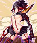  black_hair black_skirt blue_eyes breasts clenched_hands cowboy_shot eyeball hiroki_(hirokiart) holding holding_weapon kill_la_kill large_breasts matoi_ryuuko midriff navel perky_breasts pleated_skirt revealing_clothes scissor_blade senketsu sideboob skirt smirk standing suspenders thighhighs underboob weapon zettai_ryouiki 